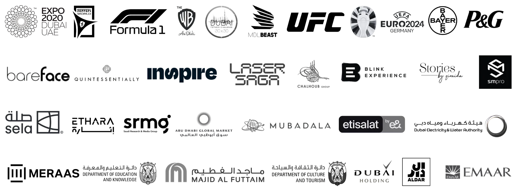 Logos of brands Samantha Mew has worked with, including Expo 2020 Dubai, Ferrari World, Formula 1, Warner Bros, MDLBeast, UFC, UEFA EURO 2024, Bayer, P&G, Chalhoub Group, Mubadala, Etisalat by e&, DEWA, Majid Al Futtaim, Dubai Holding, Aldar and Emaar