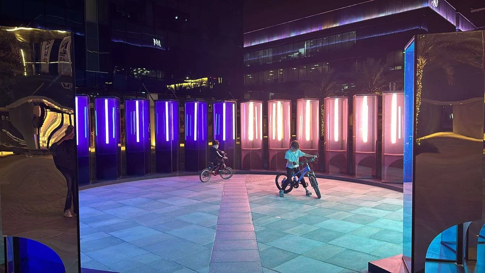 Kaleidoscope permanent installation illuminated at night, Dubai Silicon Oasis