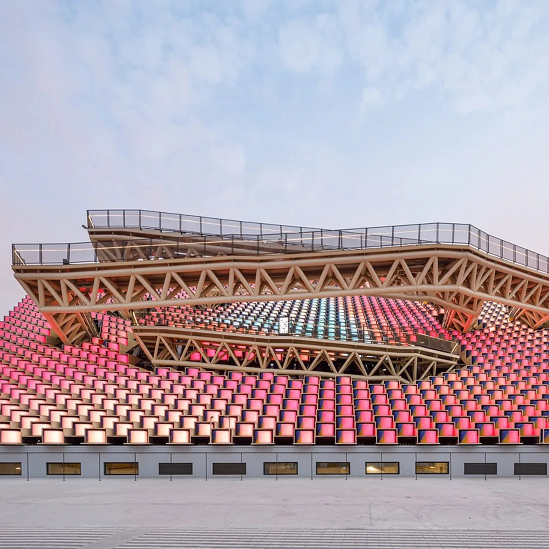 Expo 2020 Korean Pavilion exterior architecture at dusk