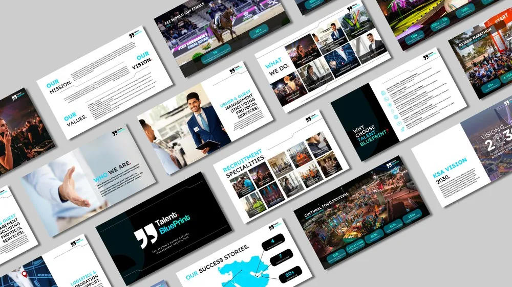 Company profile design for Talent BluePrint, a UAE and KSA event staffing agency