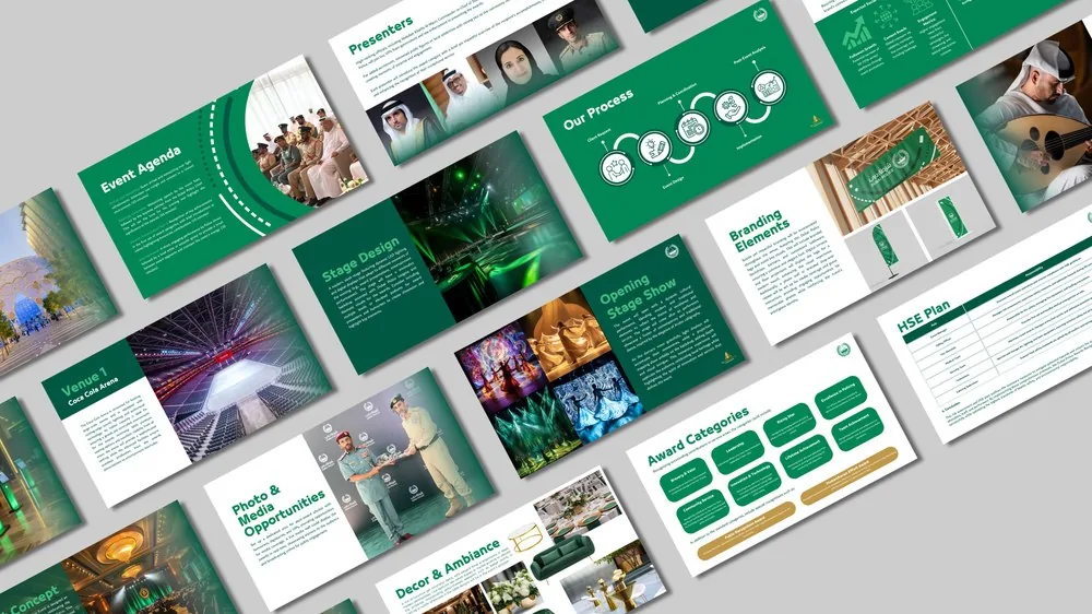 Pitch deck design for an awards ceremony at Coca-Cola Arena, Dubai