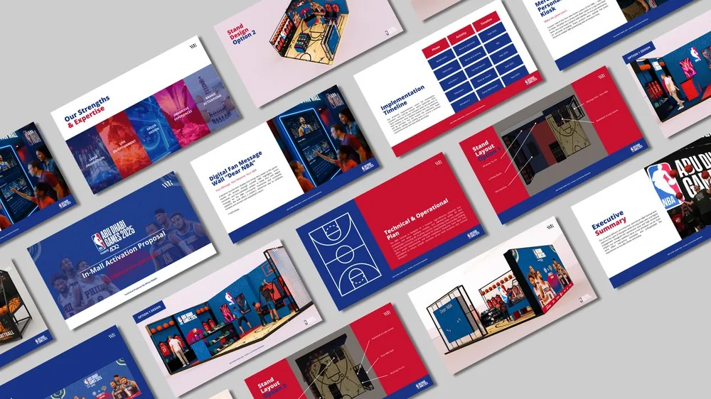 Pitch deck design for an NBA in-mall activation proposal, Abu Dhabi Games 2025