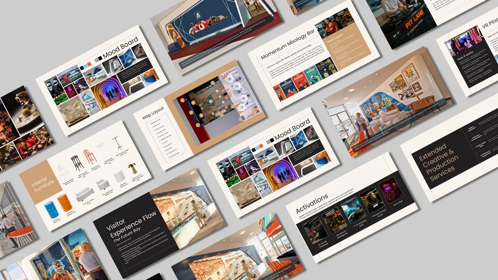 Pitch deck design for a Formula 1-themed fan lounge and mixology bar concept