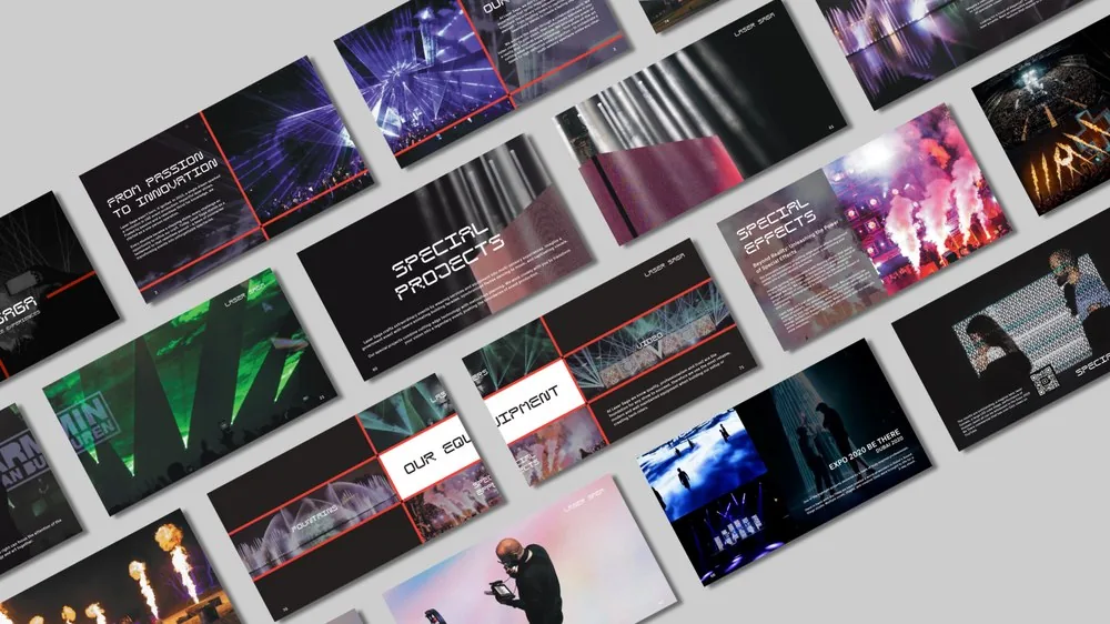 Company profile design for Laser Saga, a special effects and pyrotechnics production company