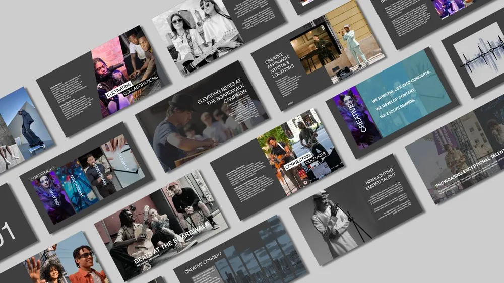 Pitch deck design for Beats at the Boardwalk Emirati talent campaign — creative concept slides