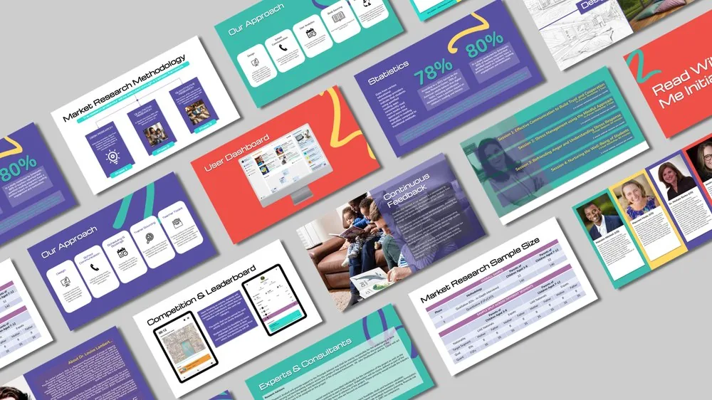 Pitch deck design for a children's reading and literacy campaign — statistics and consultant slides