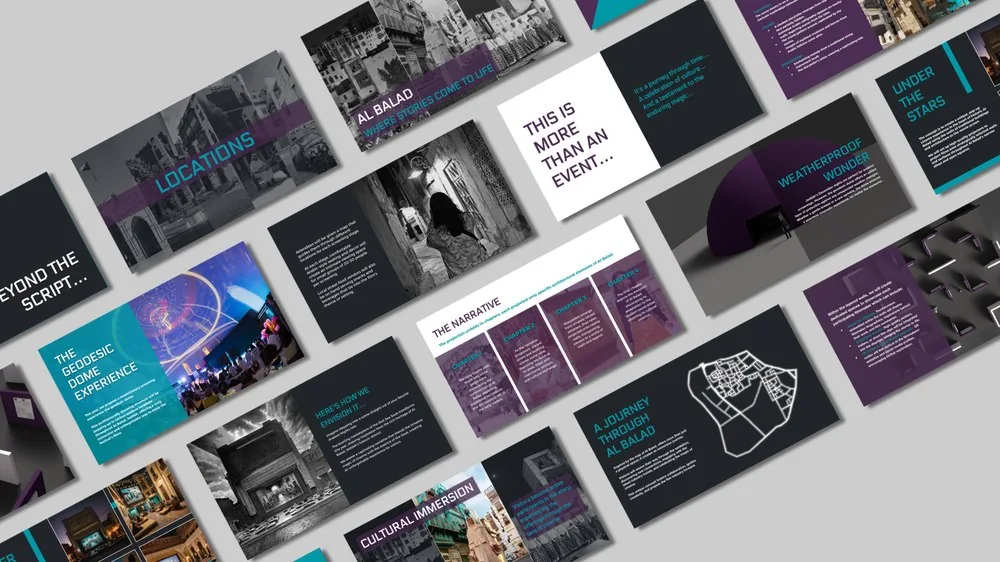 Pitch deck design for Al Balad: Where Stories Come to Life, a Saudi heritage event concept