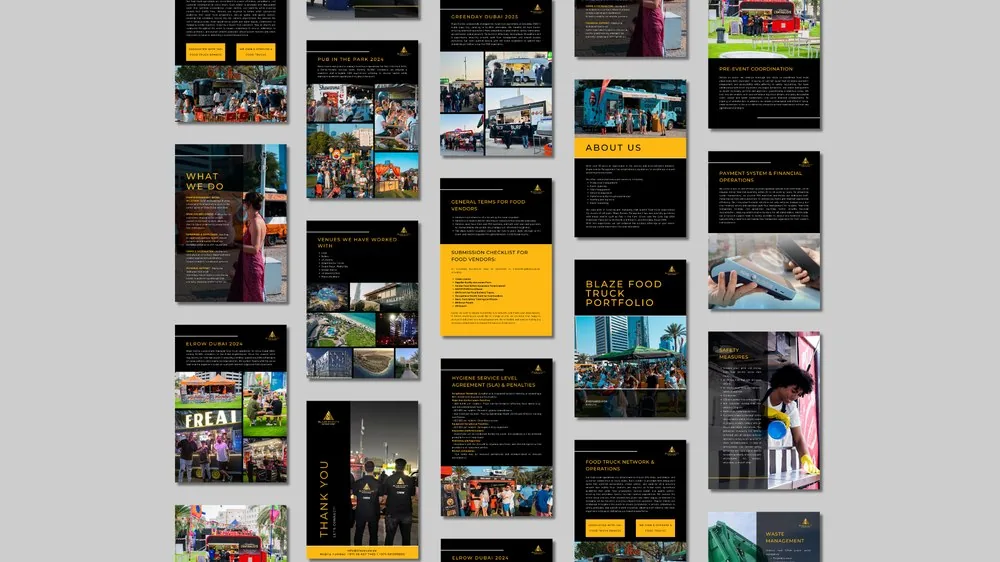 Company profile design for Blaze Food Truck, a Dubai festival food vendor operator