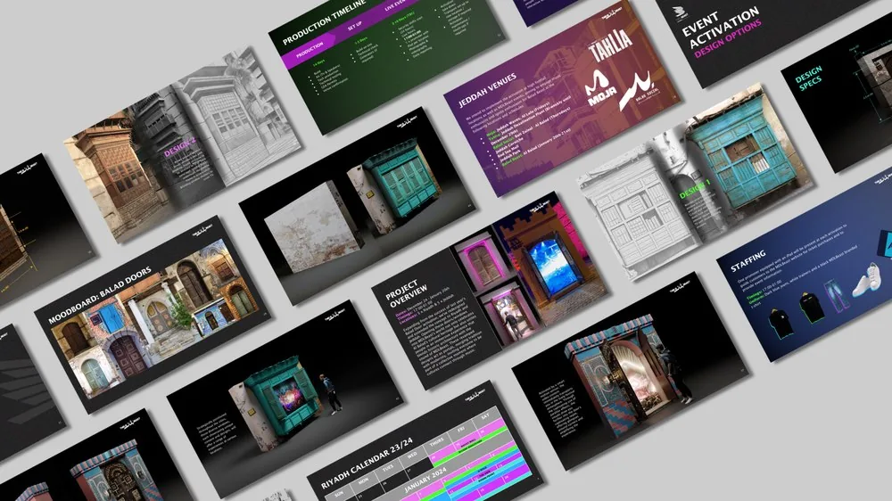 Pitch deck design for Tahlia and MOJA event activations, Jeddah and Riyadh, Saudi Arabia