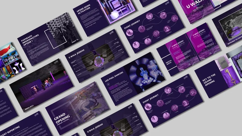 Pitch deck design for U Walk Jeddah grand opening — LED pixel dancers and event journey slides