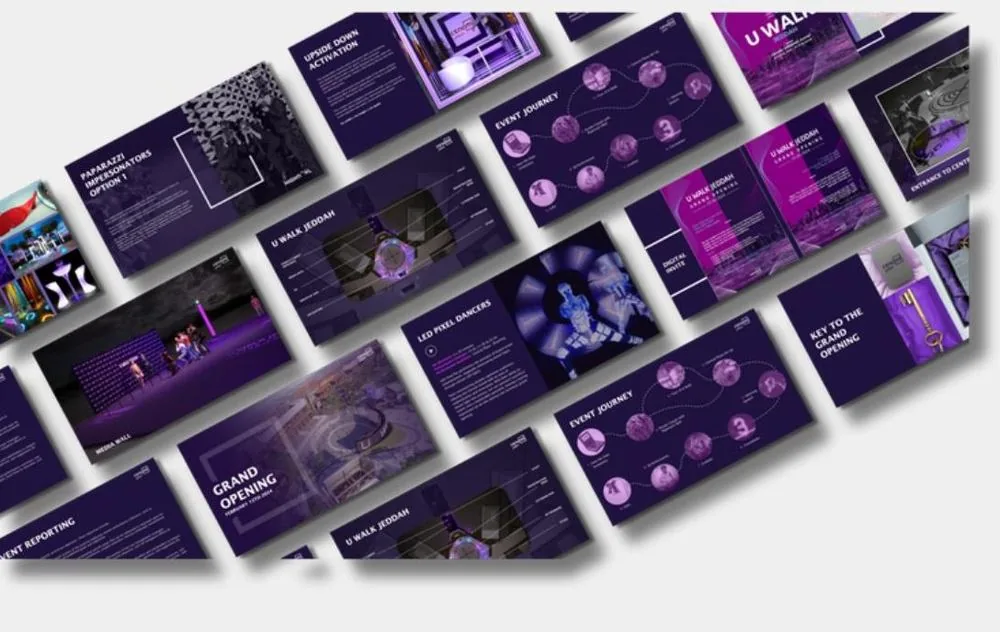 Pitch deck design for U Walk Jeddah grand opening event, Saudi Arabia