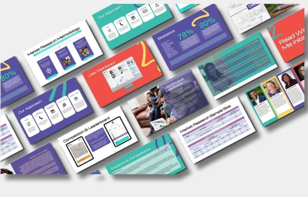 Pitch deck design for a children's reading and literacy campaign — research and dashboard slides