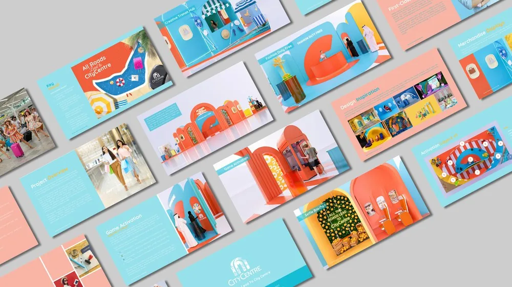 Pitch deck design for All Roads Lead to CityCentre mall activation — retail kiosk slides
