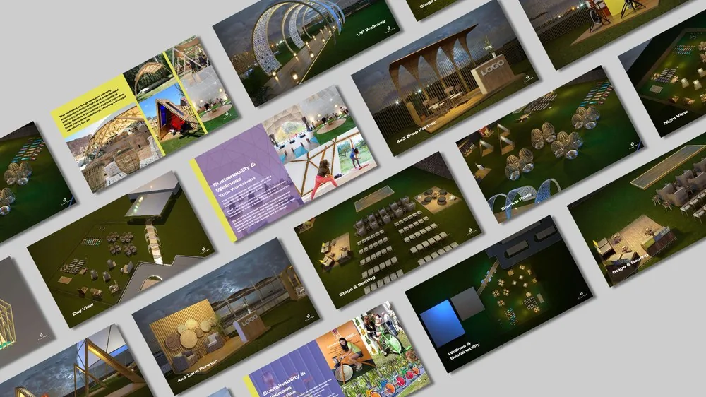 Pitch deck design for an outdoor festival zone — VIP walkway, stage and wellness concept
