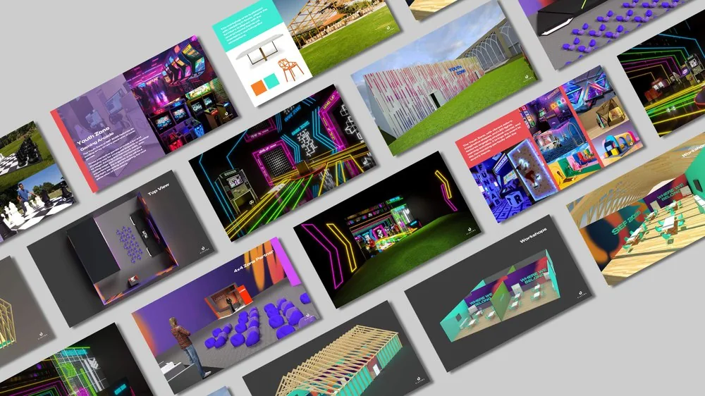Pitch deck design for a neon-lit youth gaming arcade zone concept
