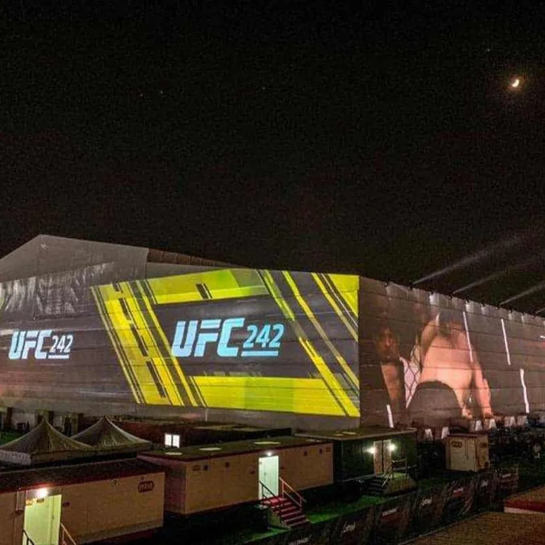 UFC 242 branded arena structure at night